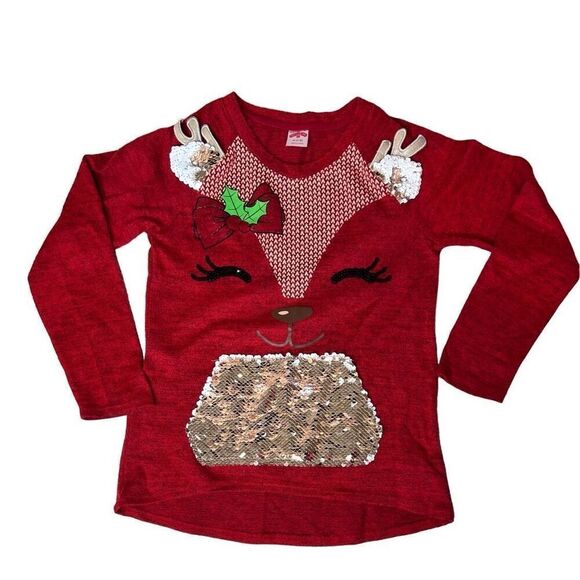 Holiday Time Christmas Reindeer Soft Knit Sweater Red Sequin Glitter sz 7-8 - Picture 1 of 9
